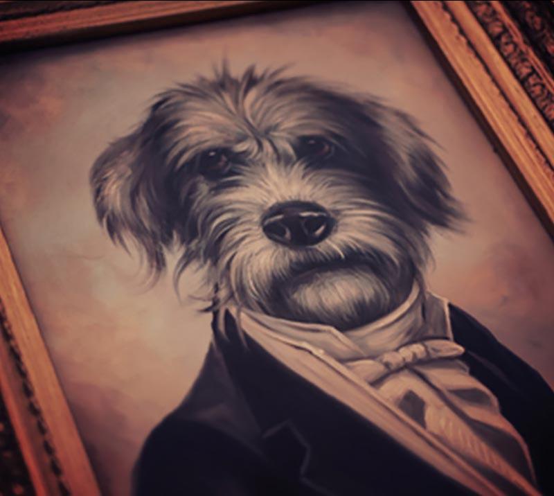 Close up on a painting featuring an anthropomorphised dog wearing a smart suit.