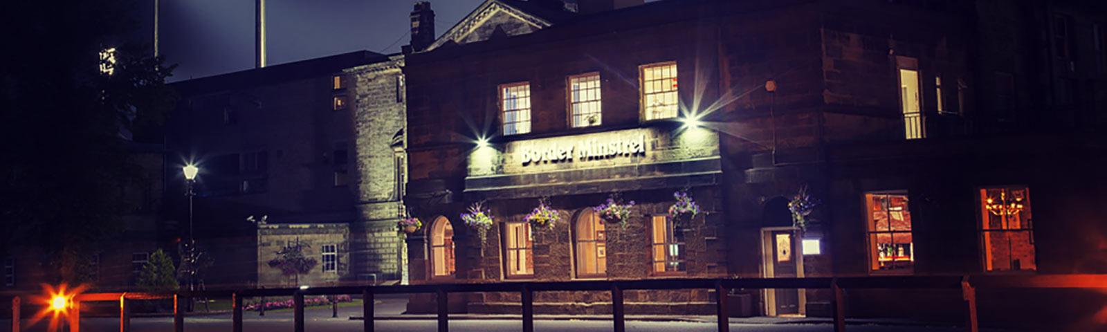 Evening view of the outside of the Border Minstrel pub.