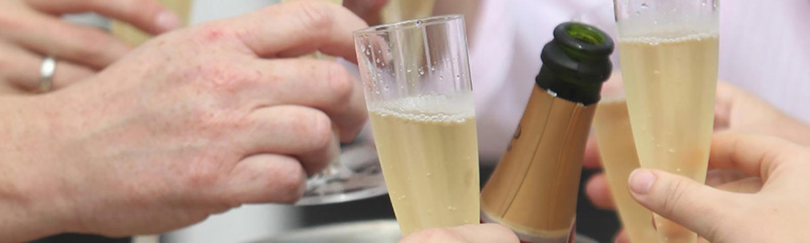Close up on couple of people holding a toast with champagne glasses.